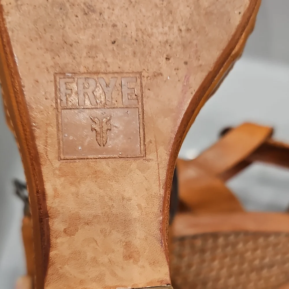 FRYE Tan Leather Wedge Sandals